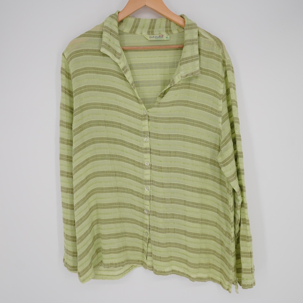 Fresh Produce Shirt Womens XL Green Striped Button Up Linen Lightweight Relaxed